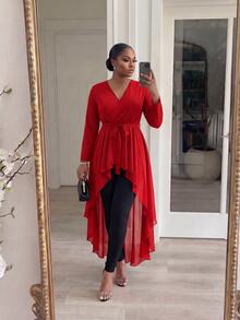 SHEIN Lady CURVE 大尺碼女款純色長袖高低下擺時尚襯衫，適合辦公、晚餐、晚宴，黑色，秋季優雅款 - 紅色 - 查看 3