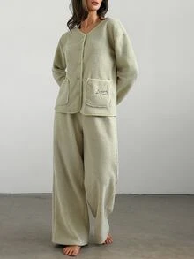 DAZY Women's Letter Embroidered Single-Breasted Pocket Top And Pants Pajama Set - Green - View 11