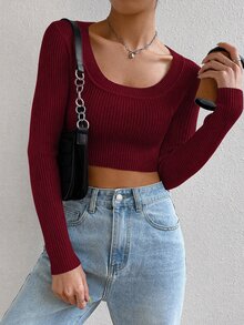 SHEIN X Antonella SHEIN EZwear Scoop Neck Ribbed Knit Crop White Sweater In Fall/Winter - Burgundy - View 1