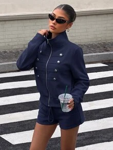 Muchica 2件組女款冬季灰色拿破崙針織運動衫與短褲休閒套裝，女款鄉村風服飾 - 藏蓝色 - 查看 4
