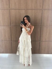 Aloruh Women's Lace Fashion Multi-Layer Ruffle Elegant Halter Neck Dress - Apricot - View 4