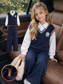 SHEIN 青少年女孩學院風毛衣背心上衣與寬腿長褲兩件套，抓絨內裡套裝，適合秋冬 - 藍色 - 查看 4