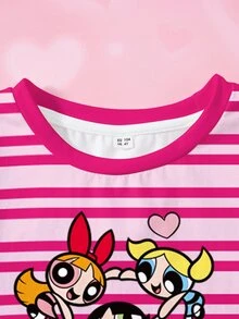 THE POWERPUFF GIRLS X SHEIN Young Girl Striped Cartoon Print Round Neck Short Sleeve Casual T-Shirt - White - View 3