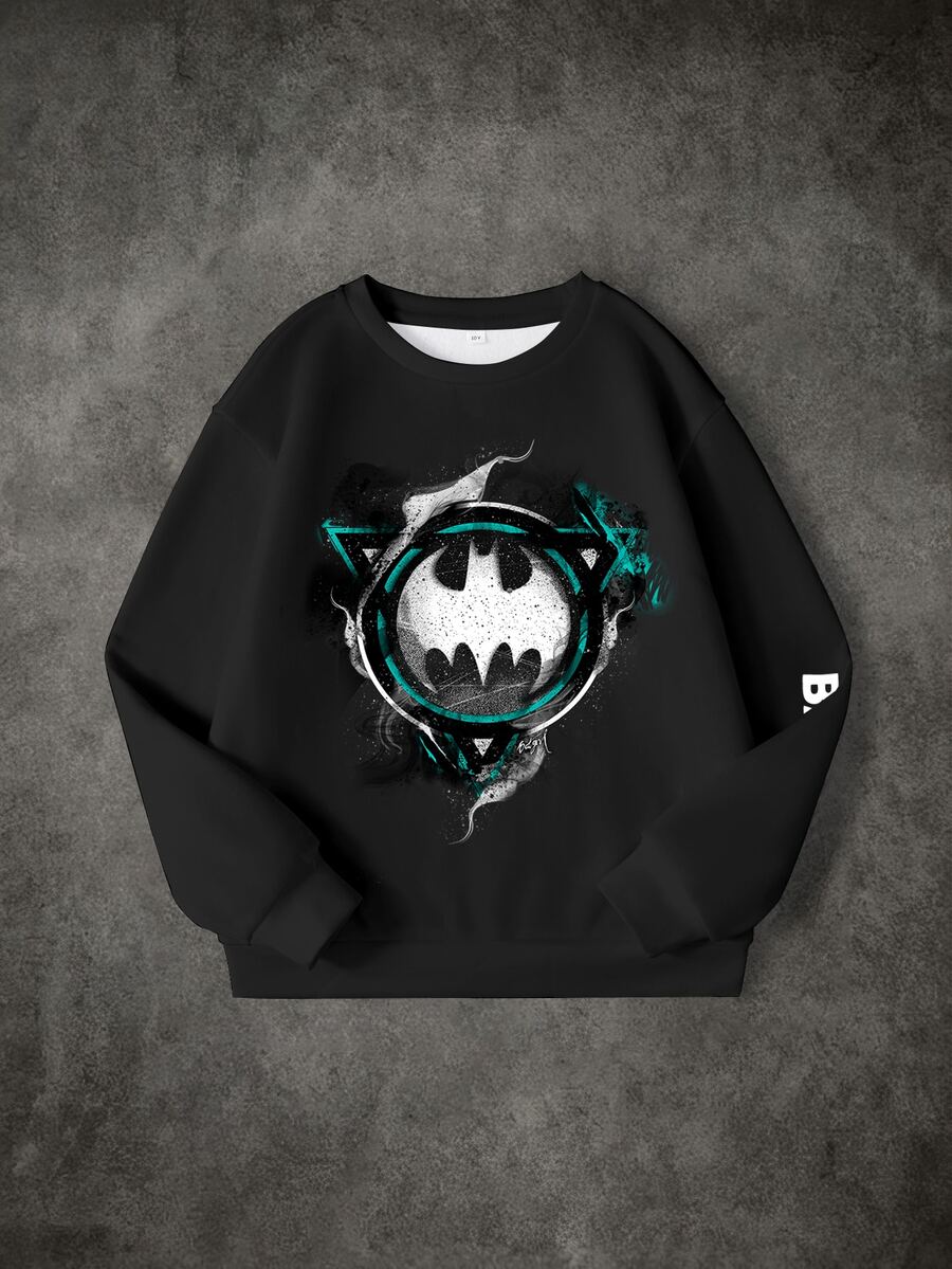 BATMAN X SHEIN Tween Boy Cartoon Print Long Sleeve Crew Neck Sweatshirt - White - View 1