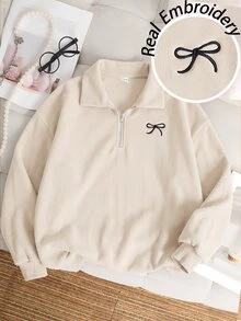SHEIN 青少年女孩休閒基礎款半拉鍊高領精緻蝴蝶結刺繡花卉灰色保暖內裡加厚套頭衛衣 秋冬款 - 杏色 - 查看 2