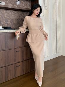 Modelyn Women's Solid Color Pleated Long Sleeve Top And Skirt Knit 2 Pieces Set - Khaki - View 5