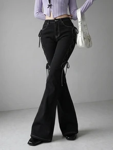 FRIFUL Celana Jeans Wanita Seksi dengan Kancing, Saku, dan Tali Pengikat Model Flare - Hitam - View 7