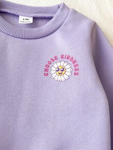 SHEIN 2件組幼女運動衫長褲套裝，甜美薰衣草粉花卉條紋蝴蝶結，長袖圓領加厚抓絨，公主風舒適保暖，適合假日派對、秋冬穿著 - 紫色 - 查看 4
