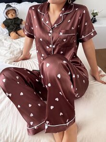 Napfluff 粉黑配色女款睡衣 1 套 心形印花 翻領仿絲舒適短袖 PJS 舒適優雅可愛細節 夏季睡眠 - 棕色 - 查看 4