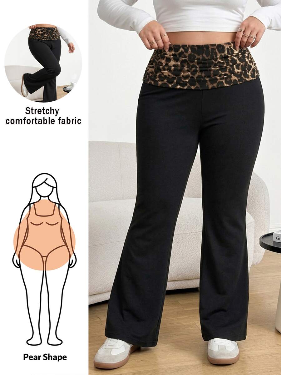 Shapeblank Women's Plus-Size Black Flare Pants With Leopard Print Panels – Stylish, Casual, Stretchy, And Comfortable, Fall/Winter, Thanksgiving, New Year - Black - View 1
