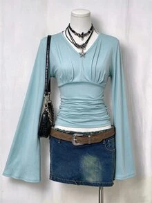 Elamini Autumn Fashion Solid Color Bell Sleeve Ruched Waist T-Shirt - Mint Blue - View 1