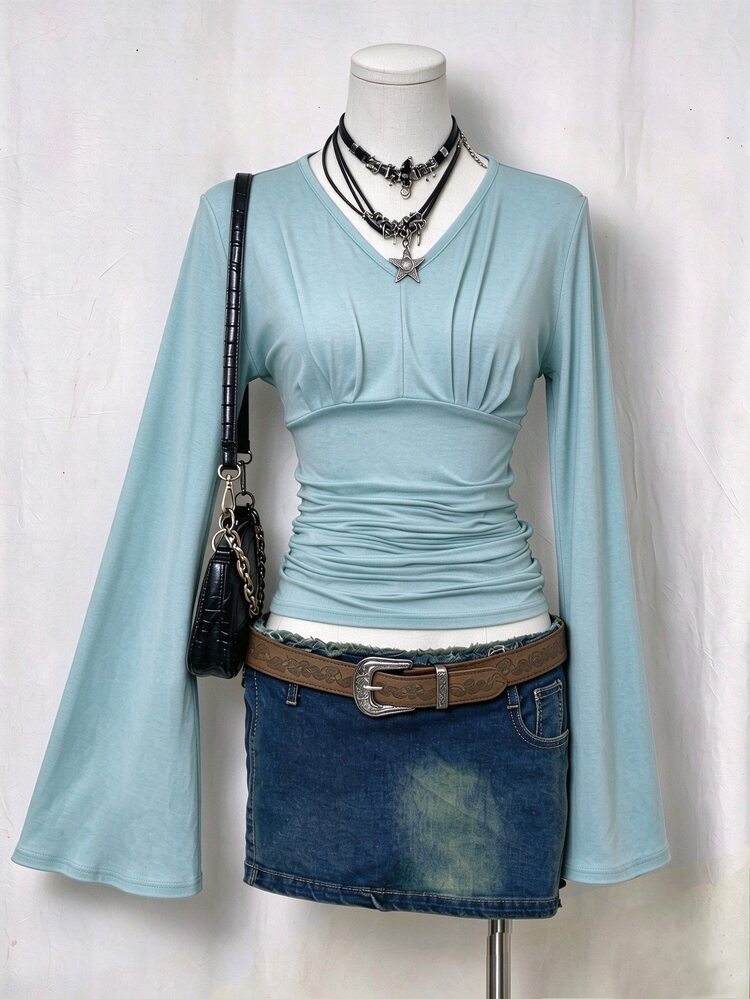 Elamini Autumn Fashion Solid Color Bell Sleeve Ruched Waist T-Shirt - Mint Blue - View 1
