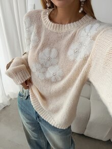 Livesso Women's Autumn/Winter Applique Decor Round Neck Drop Shoulder Long Sleeve Casual Sweater - Beige - View 4