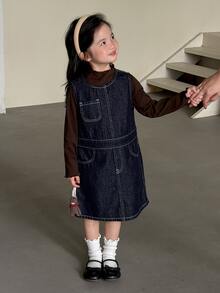 Dazy Kids Young Girl) Round Neck Contrast Stitching Sleeveless Vest Style Autumn Denim Dress - Dark Wash - View 9