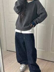 FRIFUL Women's Colorblock Dropped Shoulder Long Sleeve Button Half-Placket Casual Sweatshirt - Grey - View 3