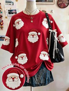 Collagica Collagica Letter Pattern Vertical Stripe Print Fashionable Minimalist Oversized Mid-Length Round Neck Drop Shoulder Women's T-Shirt Friend's Gift - Multicolor - View 1