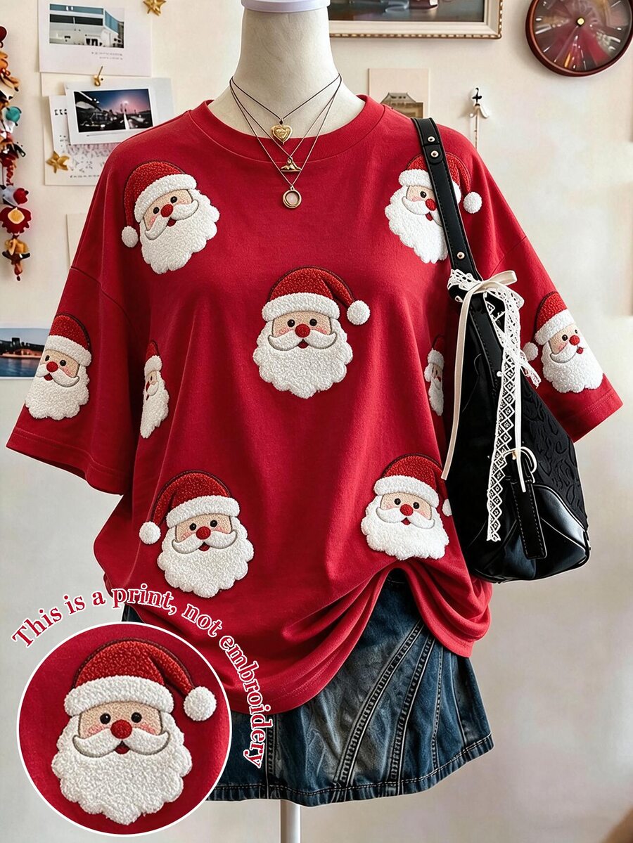 Collagica Collagica Letter Pattern Vertical Stripe Print Fashionable Minimalist Oversized Mid-Length Round Neck Drop Shoulder Women's T-Shirt Friend's Gift - Multicolor - View 1