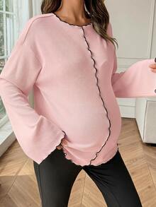 Dazy Maternity Contrast Color Ruffle Wave Hem Loose Long Sleeve Bell Sleeve Casual Vacation Korean Style Spring Autumn Maternity T-Shirt - Pink - View 6