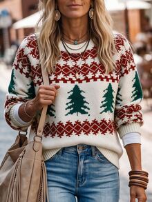 LanaWest Women's Christmas Tree Pattern Crew Neck Long Sleeve Casual Versatile Sweater - Apricot - View 4
