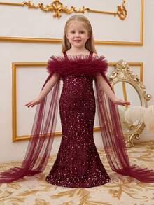 Glamorique Kids 女童香檳色亮片長尾禮服裙，細肩帶、露肩設計、交叉肩 3D 蕾絲與可拆卸長緞帶 - 酒紅色 - 查看 1