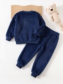 Cozy Pixies 兒童小男孩卡通熊圖案抓絨內裡加厚圓領長袖套頭衛衣與彈性腰秋冬長褲2件套 - 藏蓝色 - 查看 2