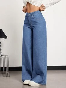 SHEIN Tall Women's Loose Button-Front Pocket Denim Long Pants - Light Wash - View 7