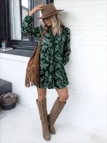 SHEIN LilyWest 女款秋冬新款印花蕾絲飾邊洋裝 - 綠色 - 查看 3