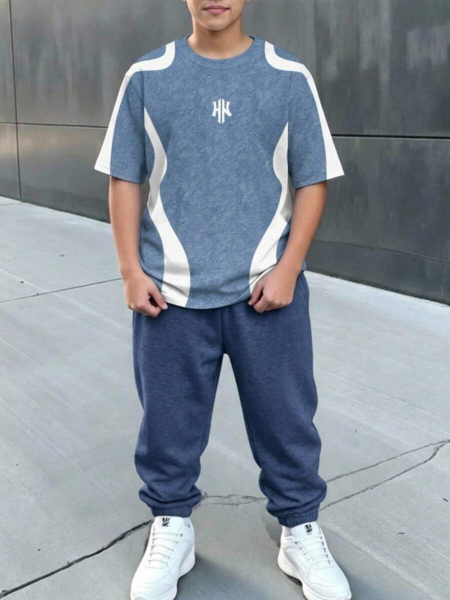 青少年男孩休閒舒適時尚極簡圓領短袖T恤與長褲套裝,附卡通圖案 - 彩色 - 查看 1