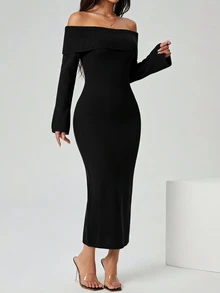SHEIN BASICS Women's Street Style Off-Shoulder Fashion Sweater Dress - Black - View 3