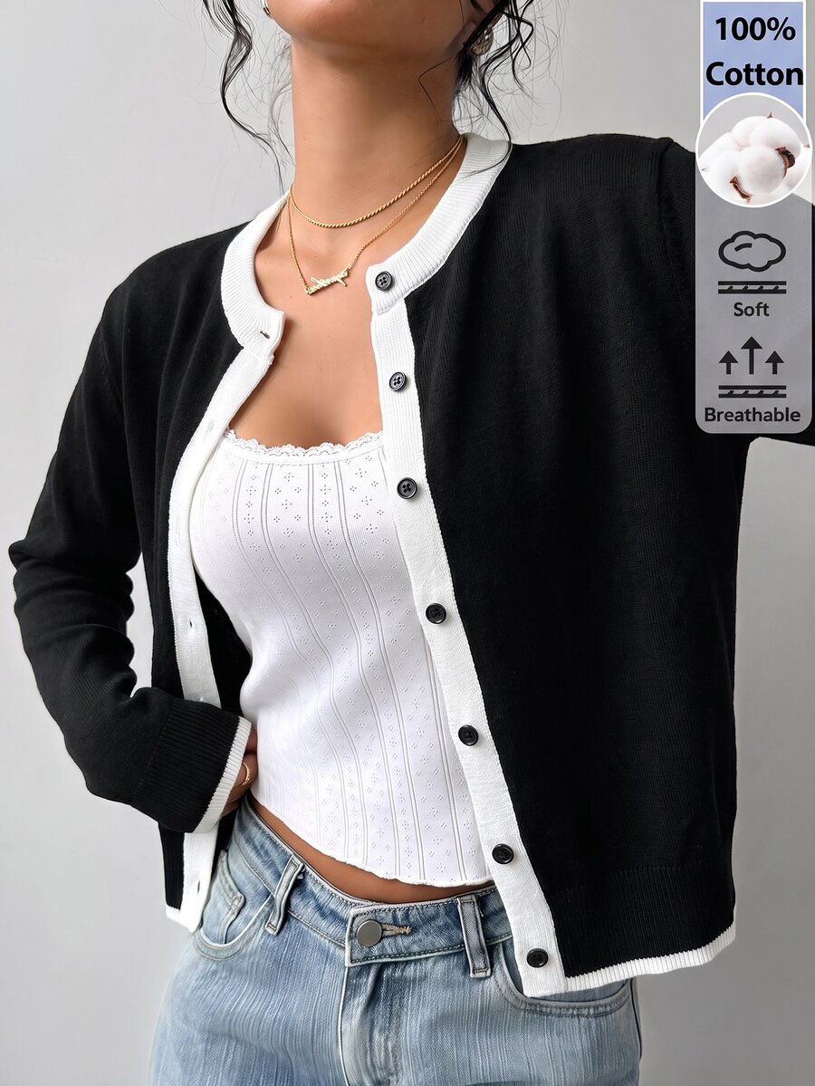 SHEIN BASICS Women's Korean Style Contrast Color Button Knit Thin Cardigan - Black - View 1