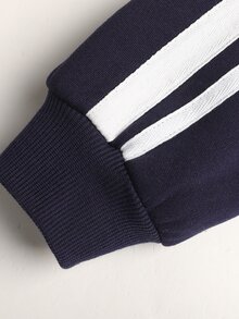 SHEIN Tween Girl 童裝時尚簡約純藍編織蝴蝶結圖案連帽拉鍊印字高腰連身褲 冬季 - 寶藍色 - 查看 4