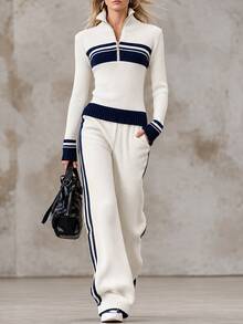 LUMIGAL Women's Zip-Up Half-Placket Long Sleeve Sweater And Pocket Knit Pants 2 Pieces Set - White - View 3