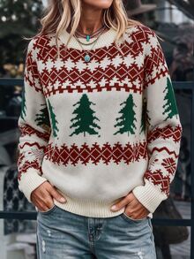 LanaWest Women's Christmas Tree Pattern Crew Neck Long Sleeve Casual Versatile Sweater - Apricot - View 5