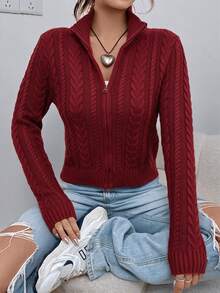 SHEIN EZwear 女款優雅白色麻花編織拉鍊開襟針織外套，秋季休閒日常立領修身長袖針織上衣 - 酒紅色 - 查看 3