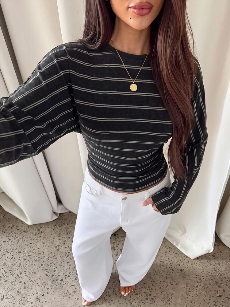 Aloruh Kaos Wanita, Lengan Raglan, Leher Bulat, Pinggang Longgar, Garis-garis Hitam Putih, Kembali ke Sekolah, Gaya Kuliah, Kasual, Sederhana, Retro, Elegan, Untuk Perjalanan, Serbaguna, Hangat, Pakaian Musim Gugur Wanita, Busana Musim Gugur, Busana Perjalanan Wanita, Atasan Serbaguna, Busana untuk Keluar, Busana Bandara - MultiWarna - View 3