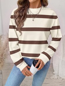 SHEIN LUNE 女款條紋圓領落肩長袖休閒寬鬆衛衣 - 白色 - 查看 6