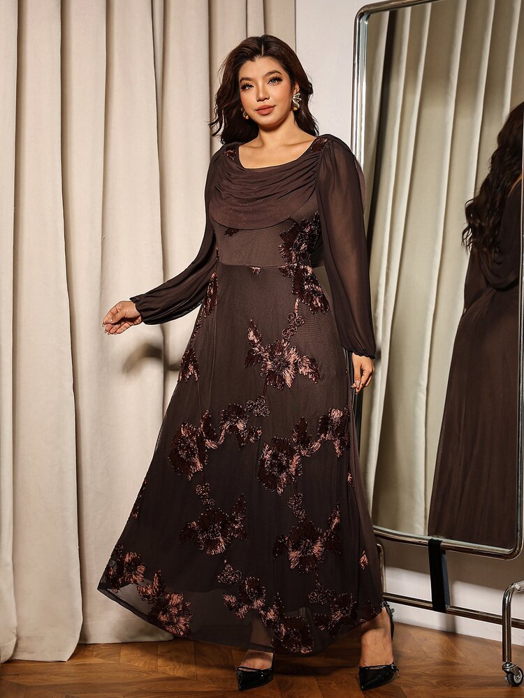 Elaquor Plus Size Women's Jacquard Casual Party Dress - Brown - View 3