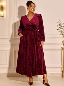 BrightlyHer Plus Size Women V-Neck Pleated Casual Daily Summer Dress - Burgundy - View 4