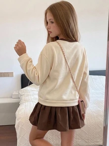 DAZY Tween Girl Thermal Lined Autumn/Winter Letter & Bow Print Long Sleeve Ruffle Hem Princess Dress - Apricot - View 2