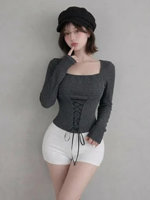 FRIFUL Women's Solid Color Square Neck Long Sleeve Waist Tie Design Casual T-Shirt - Black - View 5