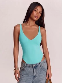 SHEIN BAE 女款純色V領休閒背心連身衣 - 薄荷藍 - 查看 4