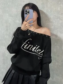 FRIFUL Women's Letter Print Eyelet Design Asymmetric Shoulder Long Sleeve Sweatshirt Hoodies Fall - Black - View 7