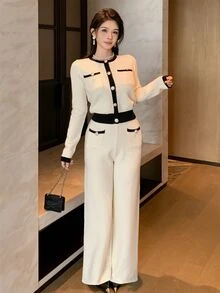 Joudiya Women's 2 Pieces Set: White & Black Contrast Patchwork Waist-Cinching Knit Cardigan And Straight Leg Pants, Suitable For Autumn/Winter, Commute, Date, Wedding - White - View 7