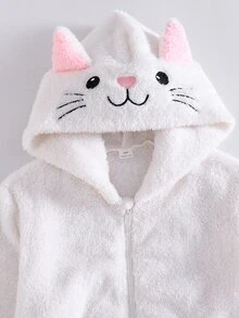 SHEIN 1件女款甜美風休閒外套，校園休閒穿搭，秋冬3D貓咪刺繡連帽寬鬆抓絨夾克 - 白色 - 查看 4