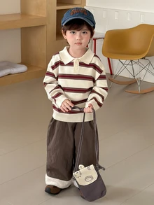 DAZY Infant (Boy) Turn Collar Striped Korean Style Long Sleeve Sweater - Coffee Brown - View 3