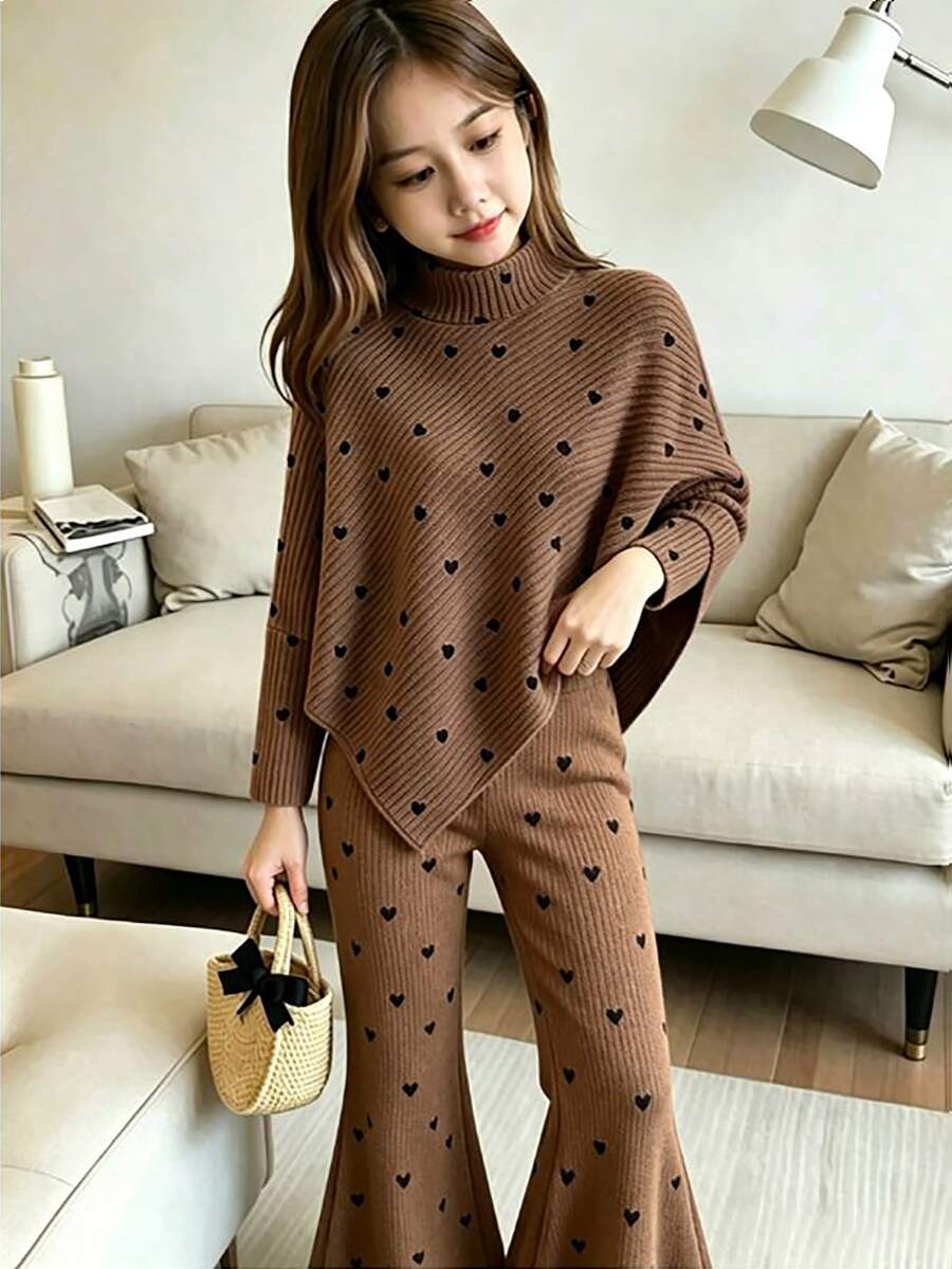SHEIN Elladie kids 小女孩甜美2件套 心形圖案羅紋針織高領不規則上衣喇叭褲 秋季日常穿著 - 咖啡棕 - 查看 1