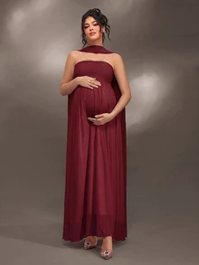 Cheriluna Maternity Elegant Ruffle Detail Solid Color Off-Shoulder Sleeveless Maternity Dress For Baby Shower, Christmas Party - Burgundy - View 3