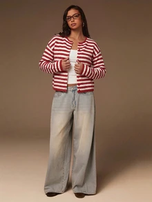 Athîral Women's Striped Casual Daily Outing Cardigan - Red and White - View 3