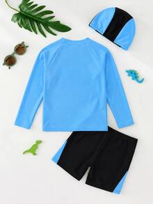SHEIN Tween Boy Casual Fitted Kids Game Glow-In-The-Dark Pattern Tankini 2 Pieces Swimsuit, Suitable For Spring/Summer, Beach Vacation Playful Pals Modest - Blue - View 6