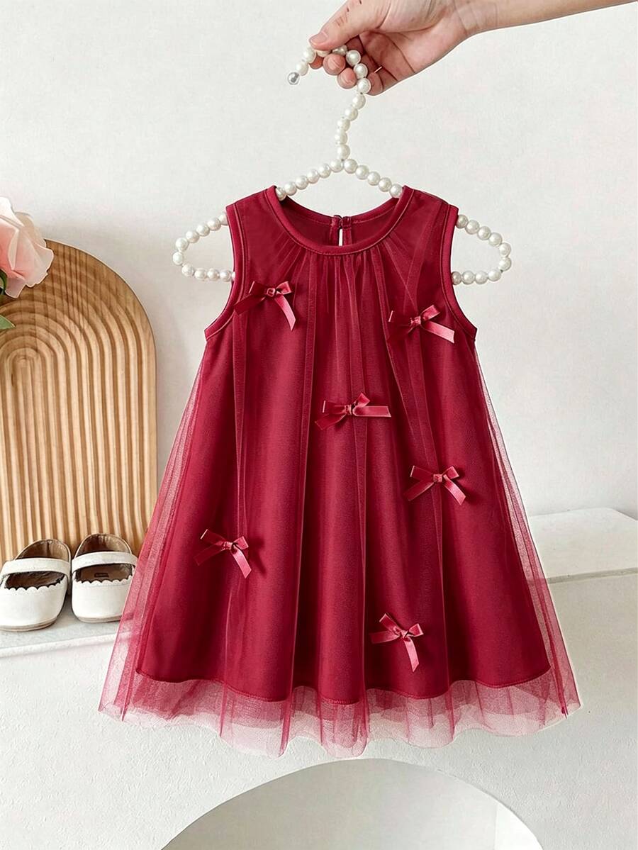 SHEIN Vintaside Kids 女嬰甜美夢幻粉色網紗洋裝,飾有可愛3D蝴蝶結裝飾,適合外出、度假與拍照 - 酒紅色 - 查看 1